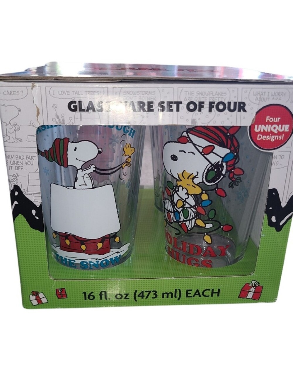 Peanuts Snoopy Christmas Themed 16oz Clear Glass Set Drinking Glasses 80s 90s